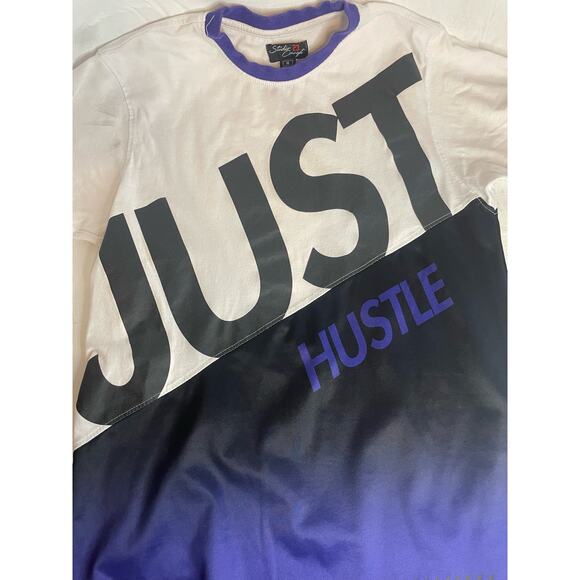 Men's Medium JUST HUSTLE Shirt Colorblock GUC Purple White Black - Picture 1 of 7